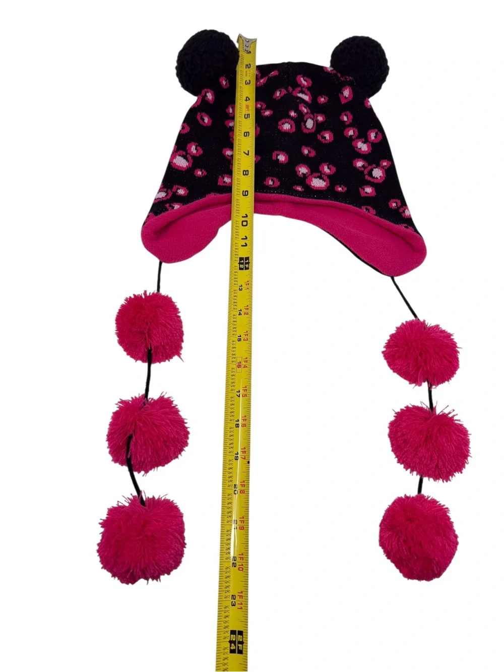 Disney Parks Black & Pink Dangling Pom Pom Beanie W/ear Flaps EUC